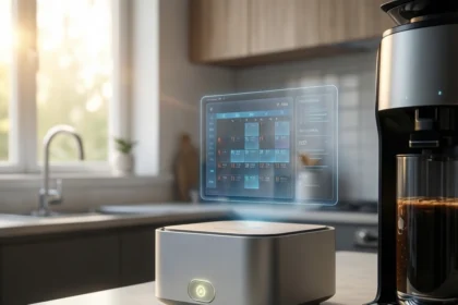 En køkkenbordplade med en smart enhed, der projicerer en holografisk kalender ved siden af en kaffemaskine. - Kunstig intelligens AI
