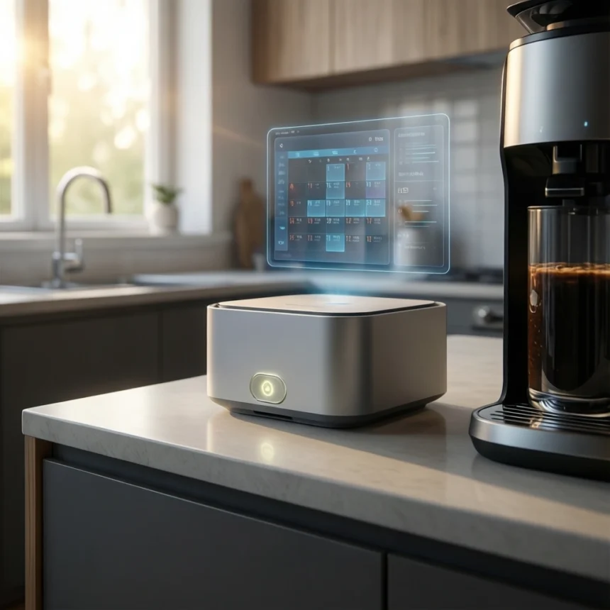 En køkkenbordplade med en smart enhed, der projicerer en holografisk kalender ved siden af en kaffemaskine. - Kunstig intelligens AI