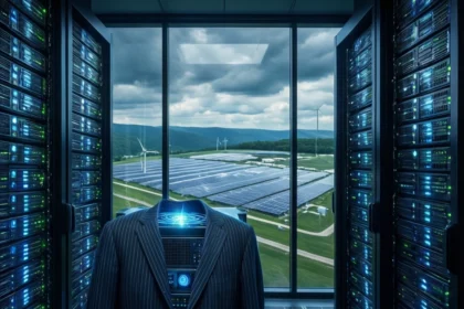 En jakke med tynde striber, der hænger over et serverrack i et datacenter, med et vindue, der vender ud mod en solcellepark og vindmøller. - Kunstig intelligens AI