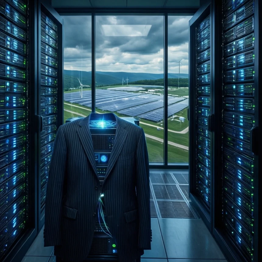 En jakke med tynde striber, der hænger over et serverrack i et datacenter, med et vindue, der vender ud mod en solcellepark og vindmøller. - Kunstig intelligens AI