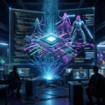 To personer sidder ved skriveborde og overvåger en stor, lysende digital skærm, der viser kode, en centralprocessorenhed og holografiske figurer. - Kunstig intelligens AI