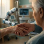En ældre person, der holder en robotarm i hånden på et hospitalværelse. - Kunstig intelligens AI