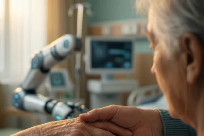 En ældre person, der holder en robotarm i hånden på et hospitalværelse. - Kunstig intelligens AI