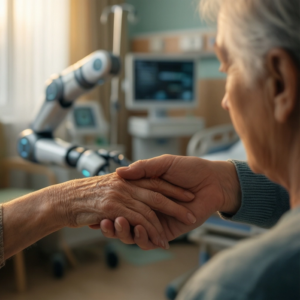 En ældre person, der holder en robotarm i hånden på et hospitalværelse. - Kunstig intelligens AI