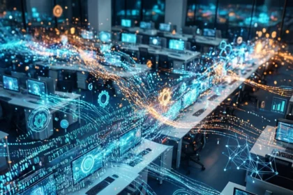 Et moderne kontor med rækker af skriveborde og computere, hvor der svæver lysende blå og orange digitale datastrømme og ikoner. - Kunstig intelligens AI