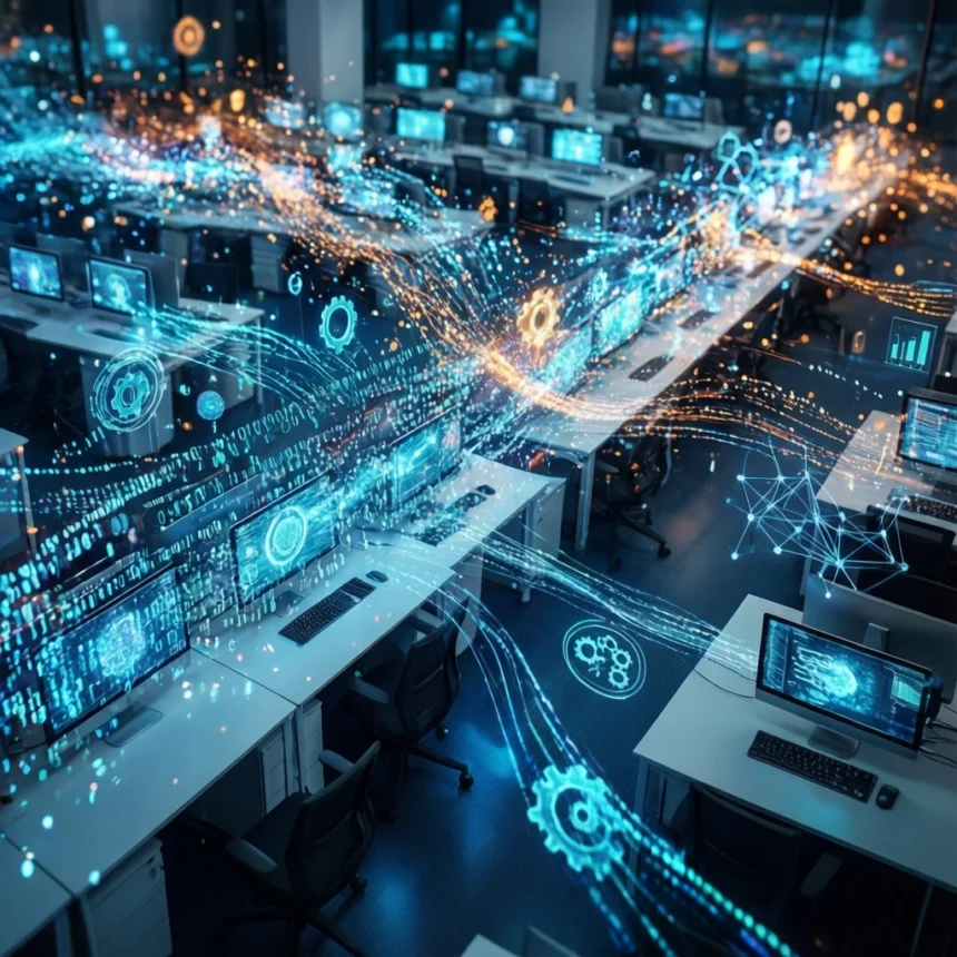 Et moderne kontor med rækker af skriveborde og computere, hvor der svæver lysende blå og orange digitale datastrømme og ikoner. - Kunstig intelligens AI