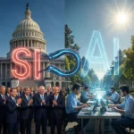 Et delt billede, der til venstre viser en gruppe politikere foran det amerikanske Capitol, og til højre folk, der arbejder ved computere, forbundet af det lysende ord SIAI. - Kunstig intelligens AI