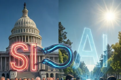 Et delt billede, der til venstre viser en gruppe politikere foran det amerikanske Capitol, og til højre folk, der arbejder ved computere, forbundet af det lysende ord SIAI. - Kunstig intelligens AI