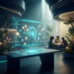 Et futuristisk bord, der viser et lysende digitalt netværkshologram i et moderne kontor, med tre personer siddende i baggrunden. - Kunstig intelligens AI