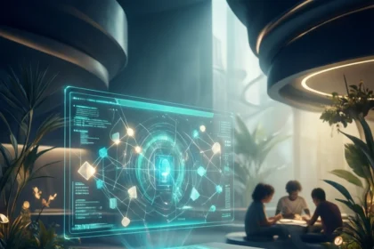 Et futuristisk bord, der viser et lysende digitalt netværkshologram i et moderne kontor, med tre personer siddende i baggrunden. - Kunstig intelligens AI