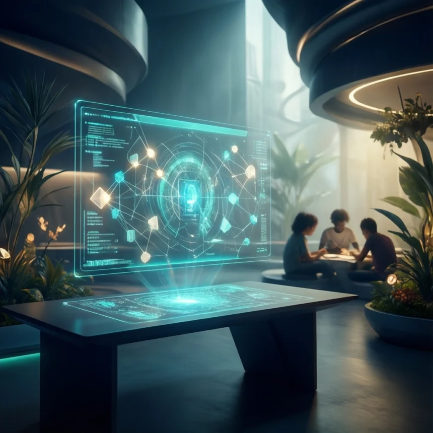 Et futuristisk bord, der viser et lysende digitalt netværkshologram i et moderne kontor, med tre personer siddende i baggrunden. - Kunstig intelligens AI