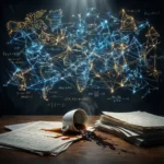 En kop kaffe, der er spildt ud over en stak håndskrevne papirer foran et digitalt verdenskort, der er forbundet med lysende linjer og matematiske ligninger. - Kunstig intelligens AI