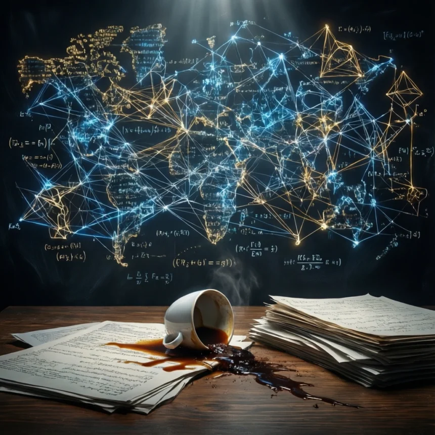En kop kaffe, der er spildt ud over en stak håndskrevne papirer foran et digitalt verdenskort, der er forbundet med lysende linjer og matematiske ligninger. - Kunstig intelligens AI