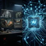 En delt skærm, der viser en mørk arbejdsstation med skærme, der viser 3D-design af væsener til venstre, og en lysende computerchip med sammenkoblede digitale ledninger til højre. - Kunstig intelligens AI