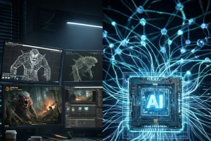 En delt skærm, der viser en mørk arbejdsstation med skærme, der viser 3D-design af væsener til venstre, og en lysende computerchip med sammenkoblede digitale ledninger til højre. - Kunstig intelligens AI