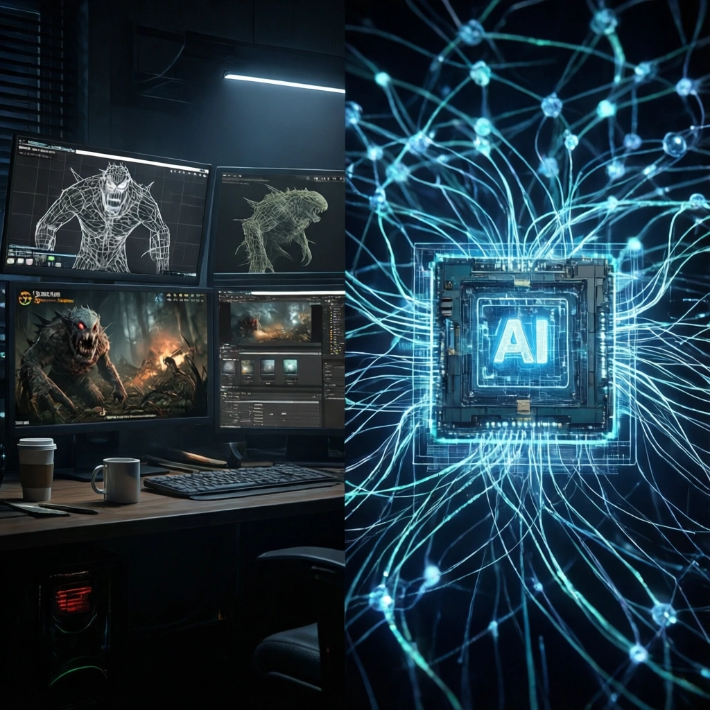 En delt skærm, der viser en mørk arbejdsstation med skærme, der viser 3D-design af væsener til venstre, og en lysende computerchip med sammenkoblede digitale ledninger til højre. - Kunstig intelligens AI