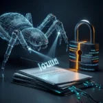 En digital trådmodel af en edderkop, der gennemsøger en stak dokumenter ved siden af en lysende hængelås. - Kunstig intelligens AI