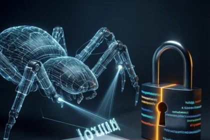 En digital trådmodel af en edderkop, der gennemsøger en stak dokumenter ved siden af en lysende hængelås. - Kunstig intelligens AI
