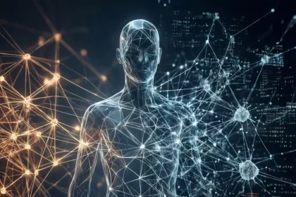 En gennemsigtig menneskeskikkelse, der er omkranset af lysende linjer, og som er forbundet med et netværk af digitale knudepunkter og datastrømme. - Kunstig intelligens AI