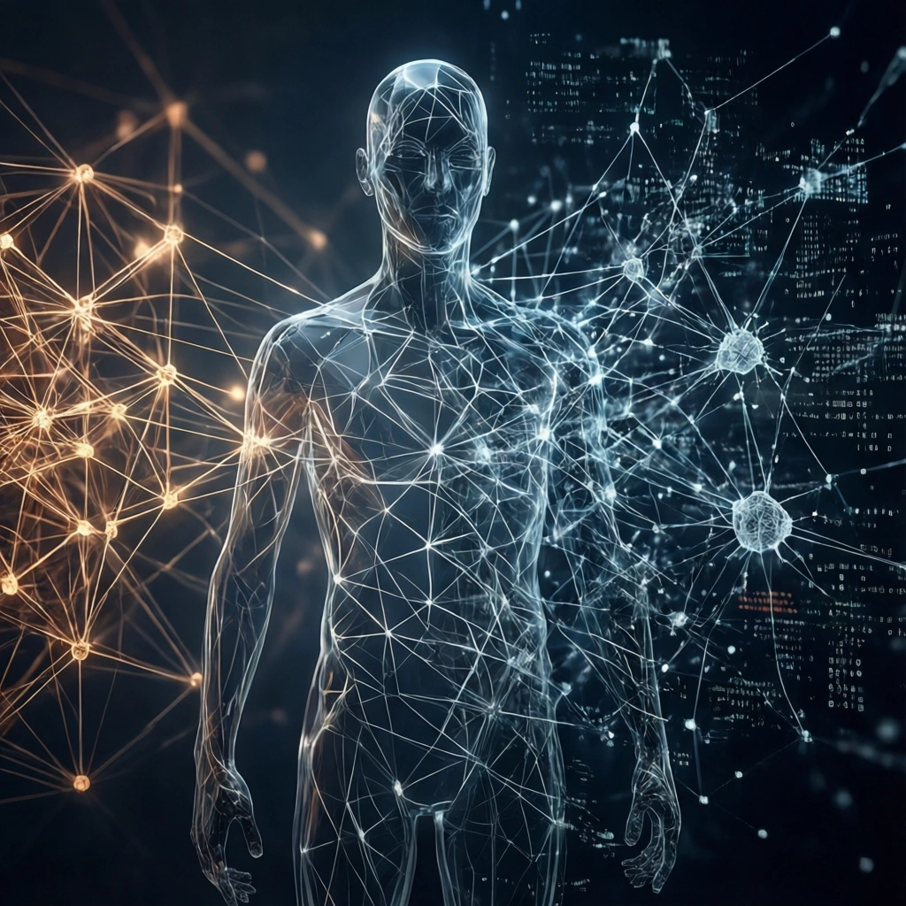 En gennemsigtig menneskeskikkelse, der er omkranset af lysende linjer, og som er forbundet med et netværk af digitale knudepunkter og datastrømme. - Kunstig intelligens AI