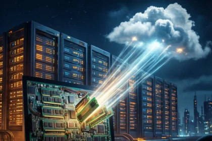 En computerskærm, der viser komponenter i den interne hukommelse, med lysstråler, der forbinder dem med en sky over et serverrum. - Kunstig intelligens AI