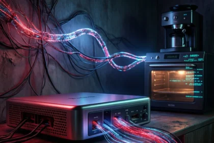 En lille serverboks på et træbord med lysende blå og røde fiberoptiske kabler, der forbinder den med en ovn i nærheden. - Kunstig intelligens AI