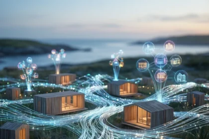 Moderne modulære hytter i et kystlandskab, forbundet af lysende stråler af fiberoptisk lys og ikoner for digitale data. - Kunstig intelligens AI