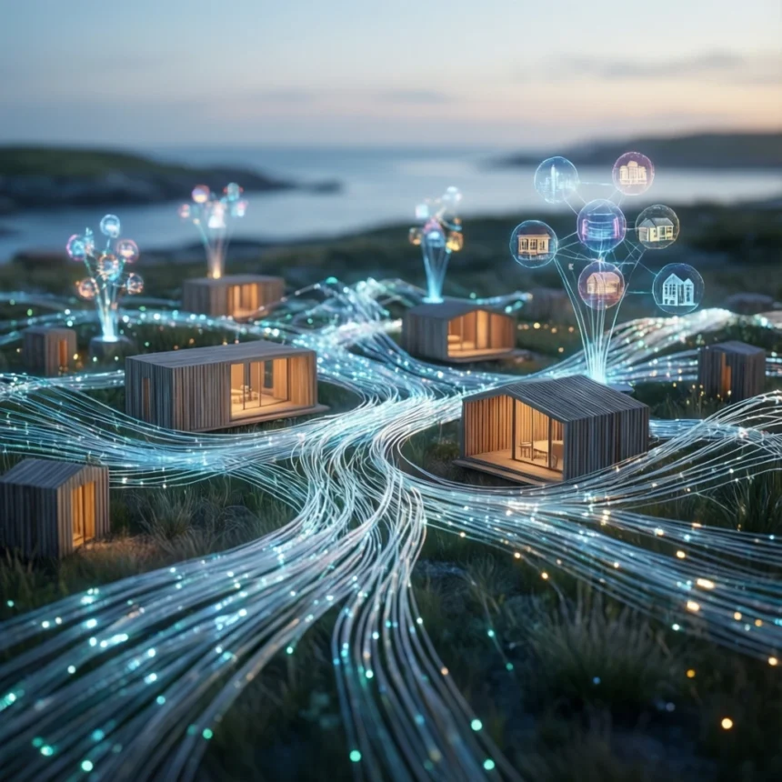 Moderne modulære hytter i et kystlandskab, forbundet af lysende stråler af fiberoptisk lys og ikoner for digitale data. - Kunstig intelligens AI
