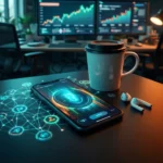 En smartphone, der viser en digital netværksgrafik, står på et skrivebord ved siden af en kaffekop og trådløse øretelefoner, mens computerskærme i baggrunden viser aktiekursdiagrammer. - Kunstig intelligens AI