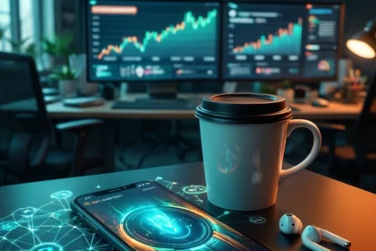 En smartphone, der viser en digital netværksgrafik, står på et skrivebord ved siden af en kaffekop og trådløse øretelefoner, mens computerskærme i baggrunden viser aktiekursdiagrammer. - Kunstig intelligens AI
