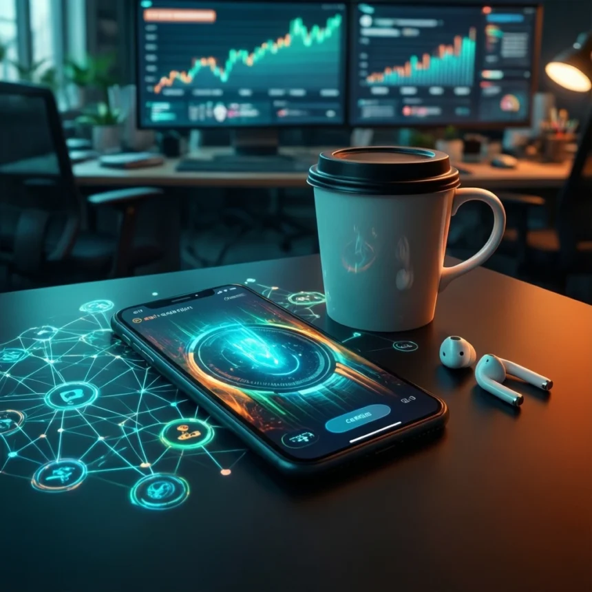 En smartphone, der viser en digital netværksgrafik, står på et skrivebord ved siden af en kaffekop og trådløse øretelefoner, mens computerskærme i baggrunden viser aktiekursdiagrammer. - Kunstig intelligens AI