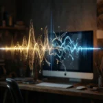 En computerskærm på et træbord, der viser en lysende guld- og blå lydbølgeform med sprøjt, der ligner væske. - Kunstig intelligens AI