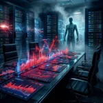 Et konferencebord, der viser holografiske røde aktiekursdiagrammer i et serverrum, med en digital humanoid silhuet stående i baggrunden. - Kunstig intelligens AI