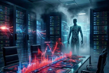 Et konferencebord, der viser holografiske røde aktiekursdiagrammer i et serverrum, med en digital humanoid silhuet stående i baggrunden. - Kunstig intelligens AI