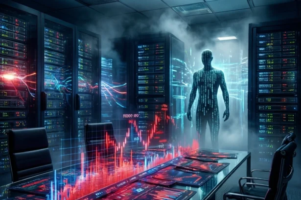 Et konferencebord, der viser holografiske røde aktiekursdiagrammer i et serverrum, med en digital humanoid silhuet stående i baggrunden. - Kunstig intelligens AI