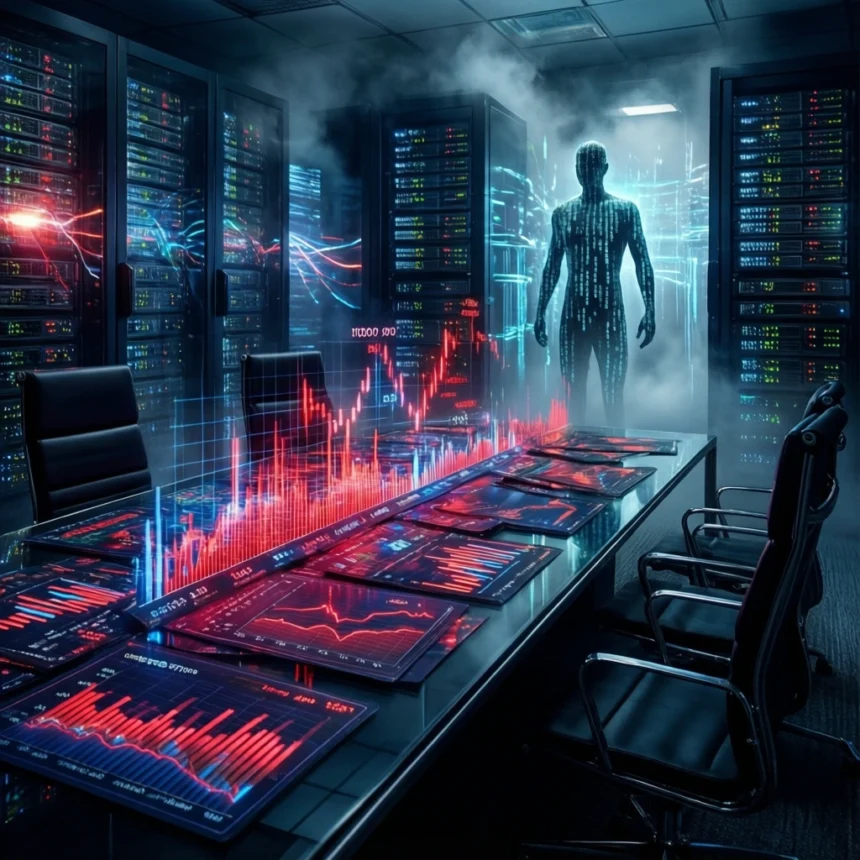 Et konferencebord, der viser holografiske røde aktiekursdiagrammer i et serverrum, med en digital humanoid silhuet stående i baggrunden. - Kunstig intelligens AI