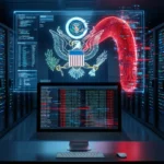 En computer i et serverrum viser kode med et stort digitalt amerikansk statsvåben og en rød grafik, der illustrerer en cybertrussel, på en gennemsigtig skærm, hvilket tyder på, at myndighederne overvåger cybersikkerheden. - Kunstig intelligens AI