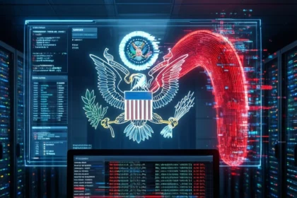 En computer i et serverrum viser kode med et stort digitalt amerikansk statsvåben og en rød grafik, der illustrerer en cybertrussel, på en gennemsigtig skærm, hvilket tyder på, at myndighederne overvåger cybersikkerheden. - Kunstig intelligens AI