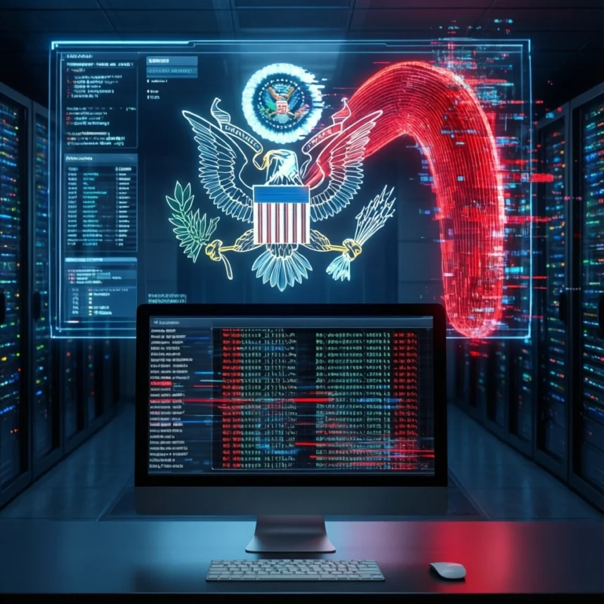 En computer i et serverrum viser kode med et stort digitalt amerikansk statsvåben og en rød grafik, der illustrerer en cybertrussel, på en gennemsigtig skærm, hvilket tyder på, at myndighederne overvåger cybersikkerheden. - Kunstig intelligens AI