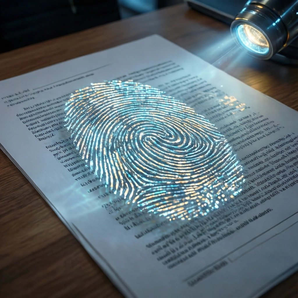 En lommelygte lyser på et stort, lysende fingeraftryk, der svæver over et udskrevet dokument på et skrivebord. - Kunstig intelligens AI