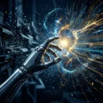 En robothånd, der strækker sig mod en hvirvlende strøm af glødende binærkode og lys. - Kunstig intelligens AI