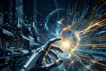 En robothånd, der strækker sig mod en hvirvlende strøm af glødende binærkode og lys. - Kunstig intelligens AI