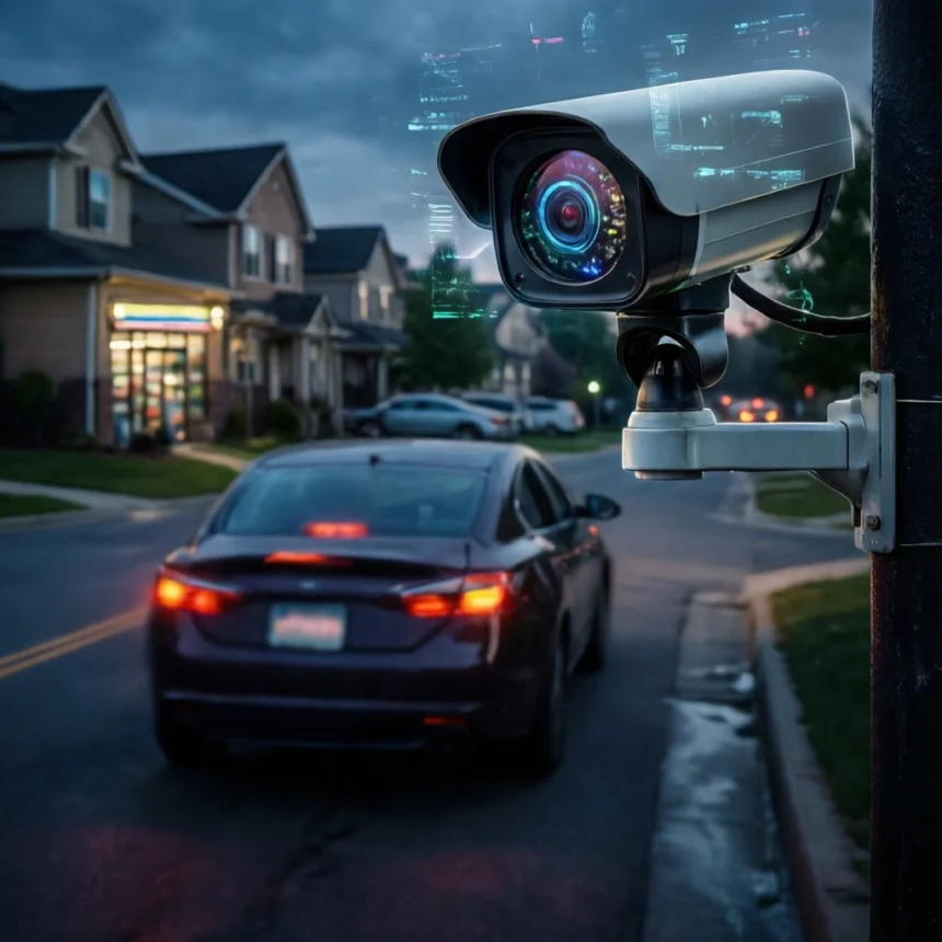 Et overvågningskamera monteret på en stolpe, der filmer en bil, der kører ned ad en boliggade i skumringen, med digitale dataoverlejringer synlige tæt på linsen. - Kunstig intelligens AI