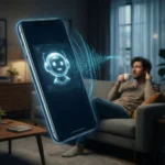 En svævende smartphone viser et ikon i form af et lysende robotansigt, der udsender en digital lydbølge, mens en mand sidder på en sofa i den slørede baggrund. - Kunstig intelligens AI