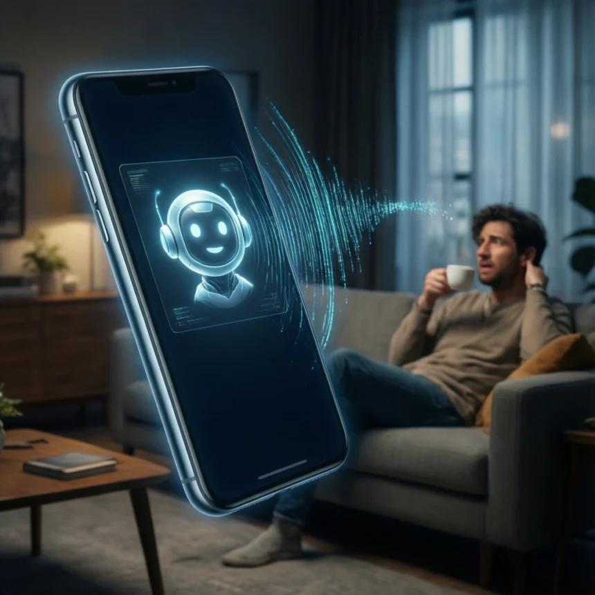 En svævende smartphone viser et ikon i form af et lysende robotansigt, der udsender en digital lydbølge, mens en mand sidder på en sofa i den slørede baggrund. - Kunstig intelligens AI