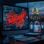 En computerskærm viser et digitalt kort over Kina med et rødt ADVARSEL-stempel, med den amerikanske Capitol-bygning og oplyste digitale hængelåse i baggrunden. - Kunstig intelligens AI