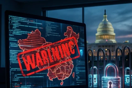 En computerskærm viser et digitalt kort over Kina med et rødt ADVARSEL-stempel, med den amerikanske Capitol-bygning og oplyste digitale hængelåse i baggrunden. - Kunstig intelligens AI