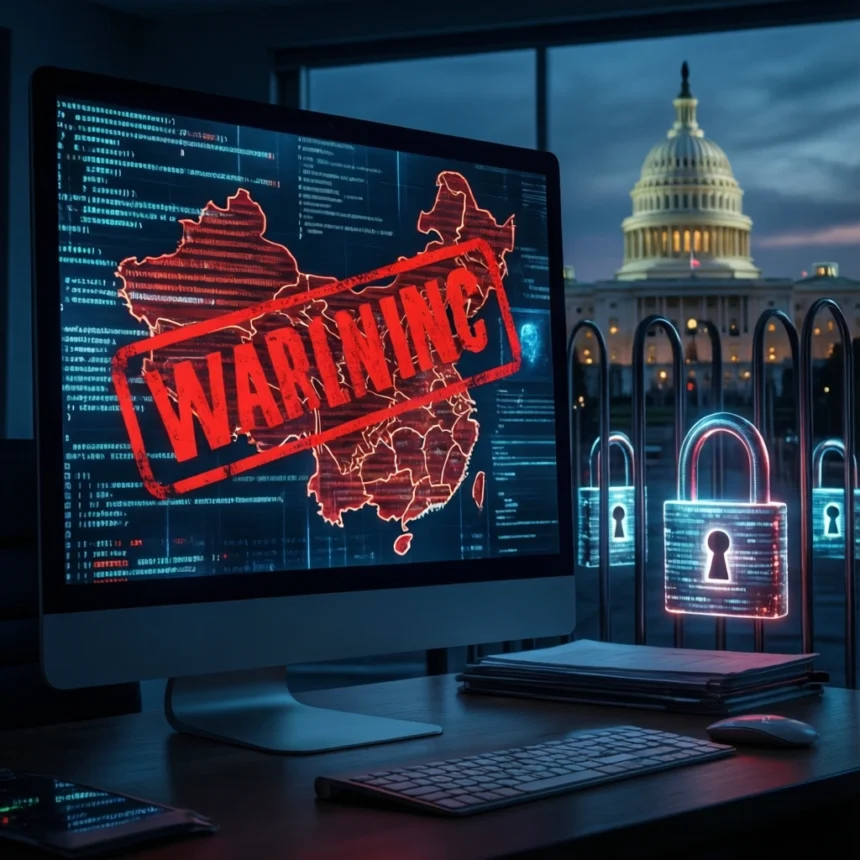 En computerskærm viser et digitalt kort over Kina med et rødt ADVARSEL-stempel, med den amerikanske Capitol-bygning og oplyste digitale hængelåse i baggrunden. - Kunstig intelligens AI