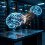Digitale hjerner, der er forbundet med lysende linjer, svæver over et serverstativ i et datacenter og symboliserer kunstig intelligens og dataoverførsel. - Kunstig intelligens AI