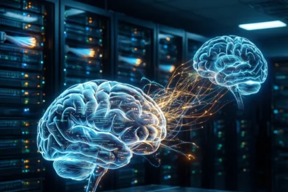 Digitale hjerner, der er forbundet med lysende linjer, svæver over et serverstativ i et datacenter og symboliserer kunstig intelligens og dataoverførsel. - Kunstig intelligens AI